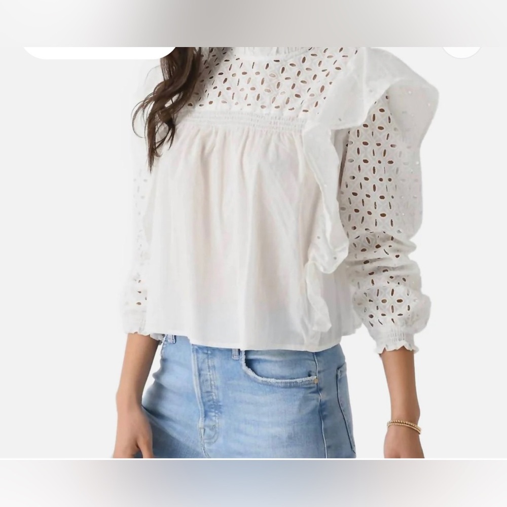 DELUC Tiziano White eyelet lace‎ ruffled mockneck ruffled Blouse top size M